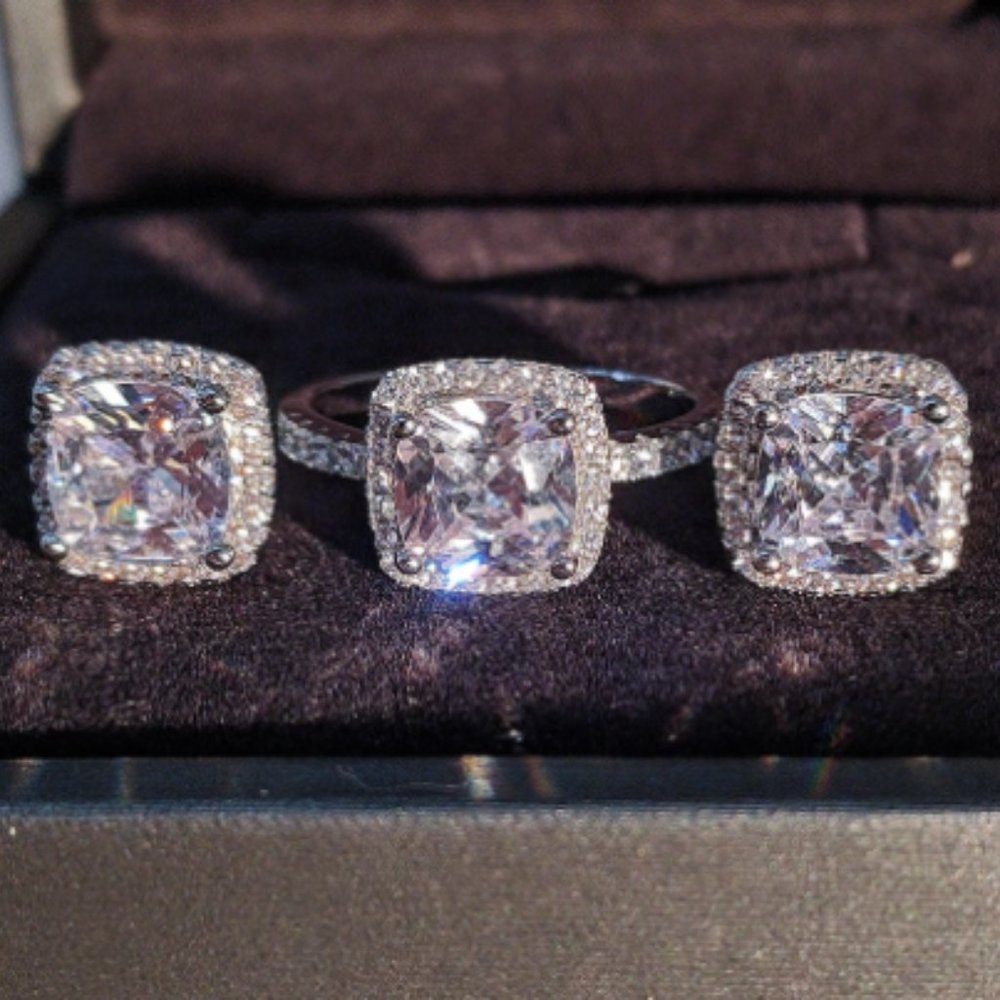 925 Sterling Silver Princess Cut Earring & Ring